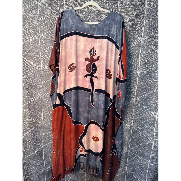 Womens Caftan Dress Fringed Abstract Graphic Art Boho Loungewear Coverup - Picture 1 of 7